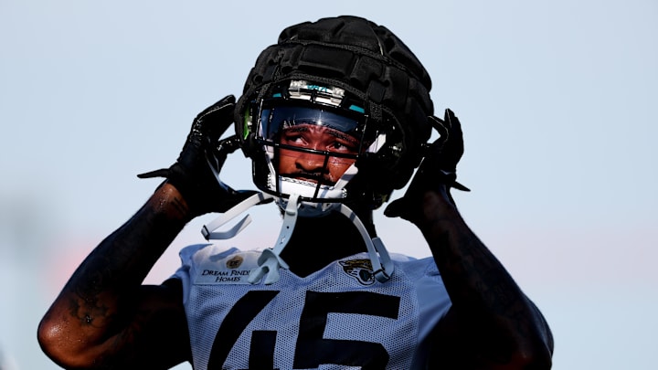Jul 26, 2023; Jacksonville, FL, USA;  Jacksonville Jaguars linebacker K'Lavon Chaisson (45) participates in training camp at Miller Electric Performance Center. Mandatory Credit: Nathan Ray Seebeck-Imagn Images
