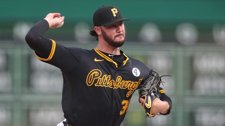 Jun 3, 2025; Pittsburgh, Pennsylvania, USA;  Pittsburgh Pirates starting pitcher Paul Skenes (30) delivers a pitch against the Houston Astros during the first inning at PNC Park. Mandatory Credit: Charles LeClaire-Imagn Images