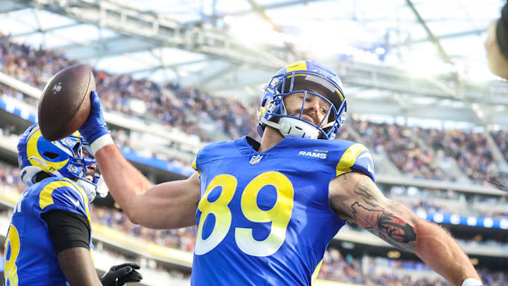 Jan 5, 2025; Inglewood, California, USA;  Los Angeles Rams Tight end Tyler Higbee (89) celebrates a touchdown versus the Seattle Seahawks at SoFi Stadium. Mandatory Credit: William Navarro-Imagn Images