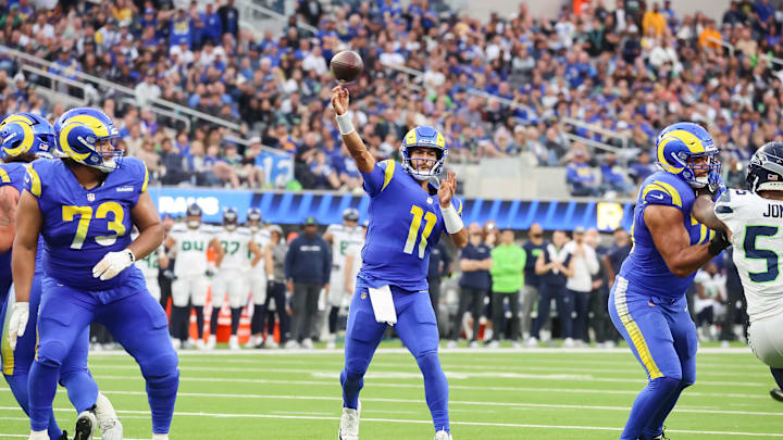 Jan 5, 2025; Inglewood, California, USA;   Los Angeles Rams Quarterback Jimmy Garoppolo (11) throws for a reception at SoFi Stadium as the Seattle Seahawks face off versus Los Angeles Rams Week 18 matchup. Mandatory Credit: William Navarro-Imagn Images