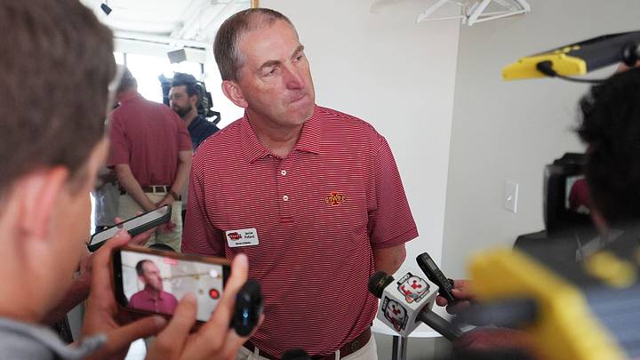 Iowa State athletic director Jamie Pollard talks to media during Cyclone Tailgate Tour at Curate on may 18, 2026, in Des Moines, Iowa.