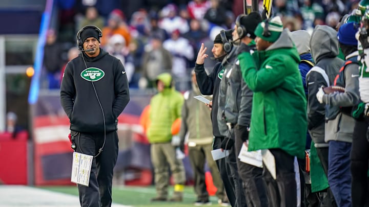 Nov 20, 2022; Foxborough, Massachusetts, USA; New York Jets head coach Robert Saleh watches from the