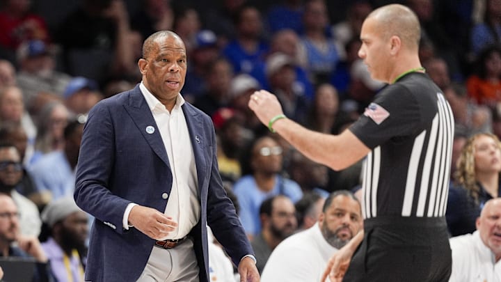 Mar 14, 2025; Charlotte, NC, USA; North Carolina Tar Heels head coach Hubert Davis during the first half against the Duke Blue Devils at Spectrum Center. Mandatory Credit: Jim Dedmon-Imagn Images