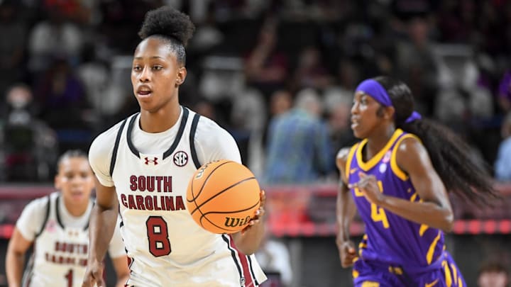 South Carolina Gamecocks forward Joyce Edwards (8) drives to the basket Saturday, March 7, 2026, during the SEC Women's Basketball Tournament semifinals game against the Louisiana State Tigers at Bon Secours Wellness Arena in Greenville, South Carolina. South Carolina Gamecocks won 83-77.