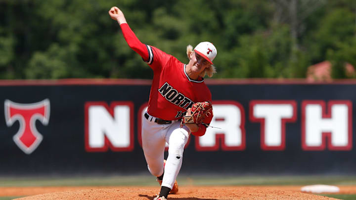 North Oconee  s Bubba Chandler (16) throws a pitch during game one of a GHSA AAAA semifinal between