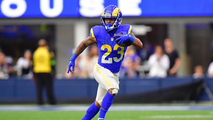 Dec 17, 2023; Inglewood, California, USA; Los Angeles Rams running back Kyren Williams (23) runs the