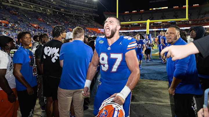 Nov 16, 2024; Gainesville, Florida, USA; Florida Gators defensive lineman Joey Slackman (97) screams while leaving the field after a game against the LSU Tigers at Ben Hill Griffin Stadium. Mandatory Credit: Matt Pendleton-Imagn Images Nov 16, 2024; Gainesville, Florida, USA; Florida Gators defensive lineman Joey Slackman (97) screams while leaving the field after a game against the LSU Tigers at Ben Hill Griffin Stadium. Mandatory Credit: Matt Pendleton-Imagn Images