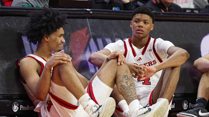 Mar 9, 2025; Piscataway, New Jersey, USA; Rutgers Scarlet Knights guard Dylan Harper (2) and Rutgers Scarlet Knights guard Ace Bailey (4) looks on during the second half against the Minnesota Golden Gophers at Jersey Mike's Arena. Mandatory Credit: Vincent Carchietta-Imagn Images