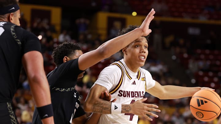 Jan 3, 2026; Tempe, Arizona, USA; Arizona State Sun Devils guard Bryce Ford (4) against the Colorado Buffaloes in the second half at Desert Financial Arena. Mandatory Credit: Mark J. Rebilas-Imagn Images