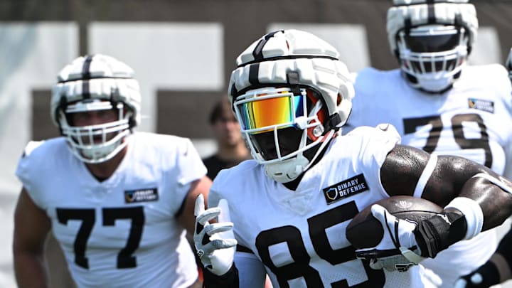 Aug 4, 2024; Cleveland Browns tight end David Njoku (85) with the ball during practice at the Browns training facility in Berea, Ohio. Mandatory Credit: Bob Donnan-Imagn Images