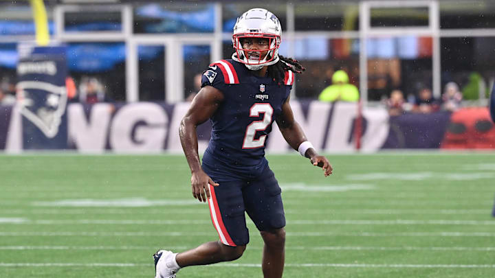 August 8, 2024; Foxborough, MA, USA; New England Patriots wide receiver K.J. Osborn (2) warms up before a game against the Carolina Panthers at Gillette Stadium. August 8, 2024; Foxborough, MA, USA; New England Patriots wide receiver K.J. Osborn (2) warms up before a game against the Carolina Panthers at Gillette Stadium.
