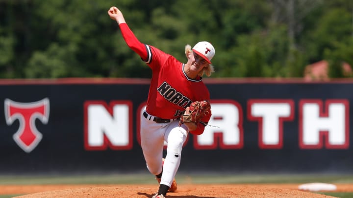 North Oconee s Bubba Chandler (16) throws a pitch during game one of a GHSA AAAA semifinal between Benedictine and North Oconee in Bogart, Ga., on Saturday, May 15, 2021. Benedictine defeated North Oconee twice in a doubleheader and advances to the state championship game.
News Joshua L Jones North Oconee s Bubba Chandler (16) throws a pitch during game one of a GHSA AAAA semifinal between Benedictine and North Oconee in Bogart, Ga., on Saturday, May 15, 2021. Benedictine defeated North Oconee twice in a doubleheader and advances to the state championship game.
News Joshua L Jones