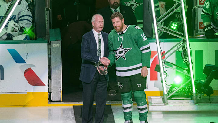 Oct 26, 2023; Dallas, Texas, USA; The Dallas Stars and general manager Jim Nill honor center Joe
