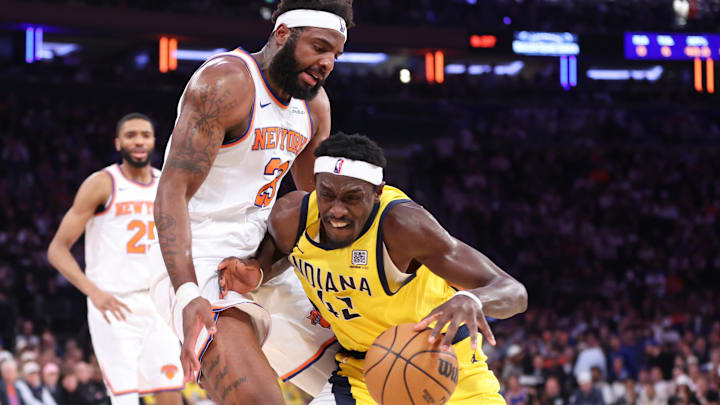 May 23, 2025; New York, New York, USA; Indiana Pacers forward Pascal Siakam (43) controls the ball against New York Knicks center Mitchell Robinson (23) in the first half during game two of the eastern conference finals for the 2025 NBA Playoffs at Madison Square Garden. Mandatory Credit: Wendell Cruz-Imagn Images