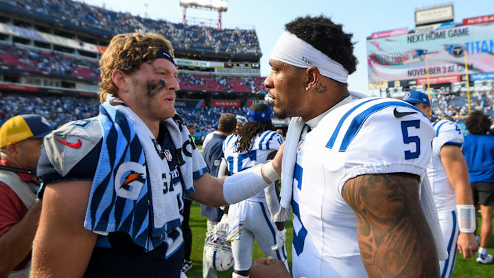 Indianapolis Colts quarterback Anthony Richardson and Tennessee Titans quarterback Will Levis. Mandatory Credit: Steve Roberts-Imagn Images