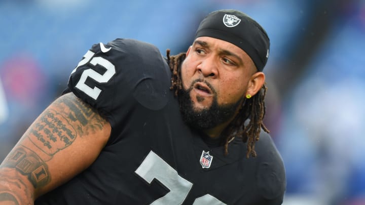 Oct 29, 2017; Orchard Park, NY, USA; Oakland Raiders offensive tackle Donald Penn (72) warms up prior to the game against the Buffalo Bills at New Era Field. Mandatory Credit: Rich Barnes-USA TODAY Sports