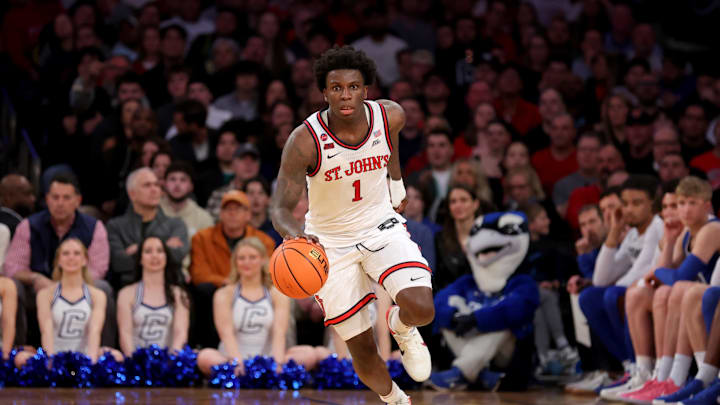 Mar 15, 2025; New York, NY, USA; St. John's Red Storm guard Kadary Richmond (1) brings the ball up court against the Creighton Bluejays during the second half at Madison Square Garden. Mandatory Credit: Brad Penner-Imagn Images