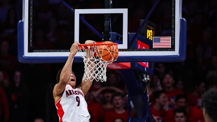 Mar 4, 2025; Tucson, Arizona, USA; Arizona Wildcats forward Carter Bryant (9) dunks the ball during the first half against the Arizona State Sun Devils at McKale Center. Mandatory Credit: Aryanna Frank-Imagn Images