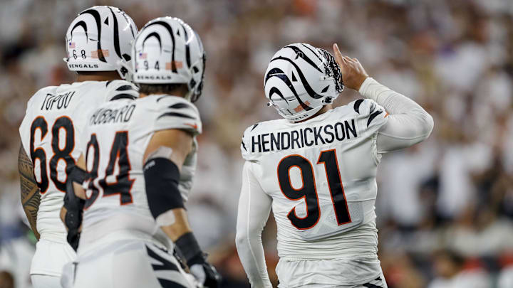 Sep 25, 2023; Cincinnati, Ohio, USA; Cincinnati Bengals defensive end Trey Hendrickson (91) reacts