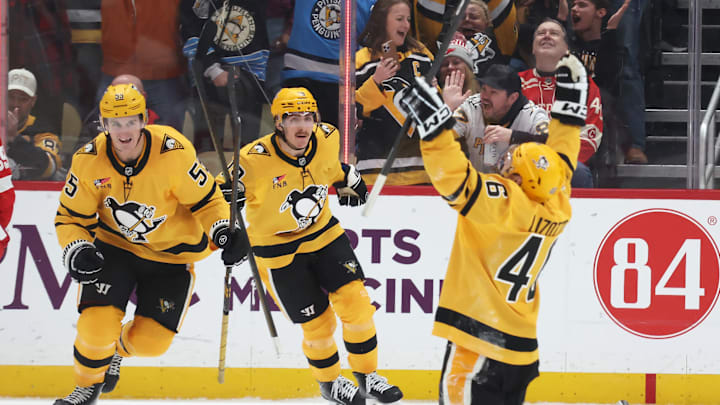 Jan 1, 2026; Pittsburgh, Pennsylvania, USA; Pittsburgh Penguins center Noel Acciari (55) and center Connor Dewar (19) react to a goal by center Blake Lizotte (46) during the third period against the Detroit Red Wings at PPG Paints Arena. Mandatory Credit: Charles LeClaire-Imagn Images Jan 1, 2026; Pittsburgh, Pennsylvania, USA; Pittsburgh Penguins center Noel Acciari (55) and center Connor Dewar (19) react to a goal by center Blake Lizotte (46) during the third period against the Detroit Red Wings at PPG Paints Arena. Mandatory Credit: Charles LeClaire-Imagn Images