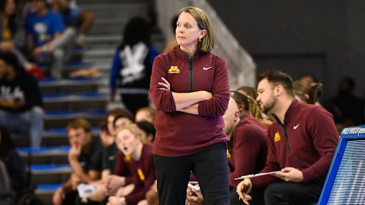 Feb 2, 2025; Los Angeles, California, USA; Minnesota Golden Gophers head coach Dawn Plitzuweit on the sidelines during the fourth quarter against the UCLA Bruins at Pauley Pavilion presented by Wescom. Mandatory Credit: Robert Hanashiro-Imagn Images