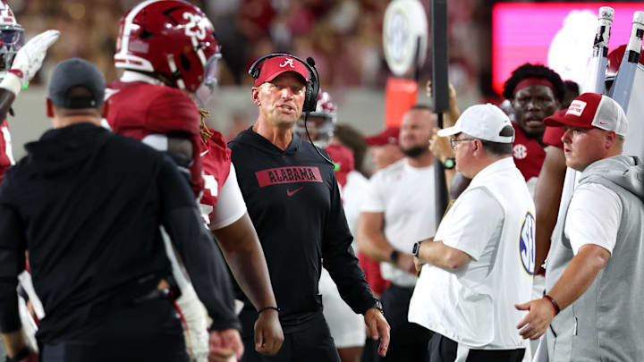 Sep 6, 2025; Tuscaloosa, Alabama, USA; Alabama Crimson Tide head coach Kalen DeBoer paces the sidelines during the first quarter against the Louisiana Monroe Warhawks at Saban Field at Bryant-Denny Stadium. 