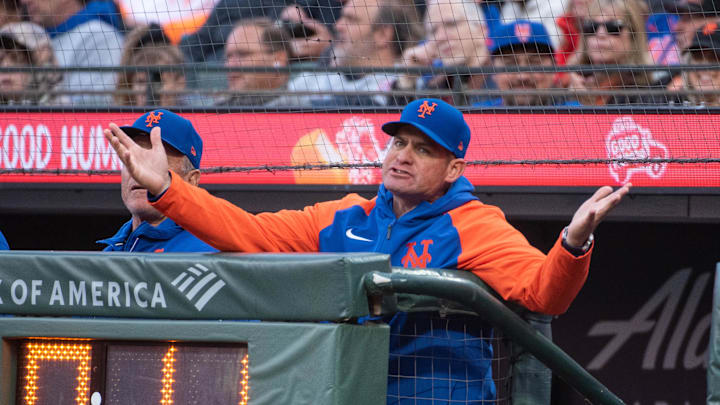 Apr 23, 2024; San Francisco, California, USA;  New York Mets manager Carlos Mendoza argues a call