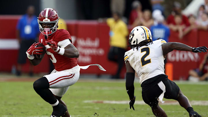 Oct 26, 2024; Tuscaloosa, Alabama, USA; Alabama Crimson Tide wide receiver Germie Bernard (5) catches a pass against Missouri Tigers cornerback Toriano Pride Jr. (2) during the second half at Bryant-Denny Stadium. Mandatory Credit: Butch Dill-Imagn Images Oct 26, 2024; Tuscaloosa, Alabama, USA; Alabama Crimson Tide wide receiver Germie Bernard (5) catches a pass against Missouri Tigers cornerback Toriano Pride Jr. (2) during the second half at Bryant-Denny Stadium. Mandatory Credit: Butch Dill-Imagn Images