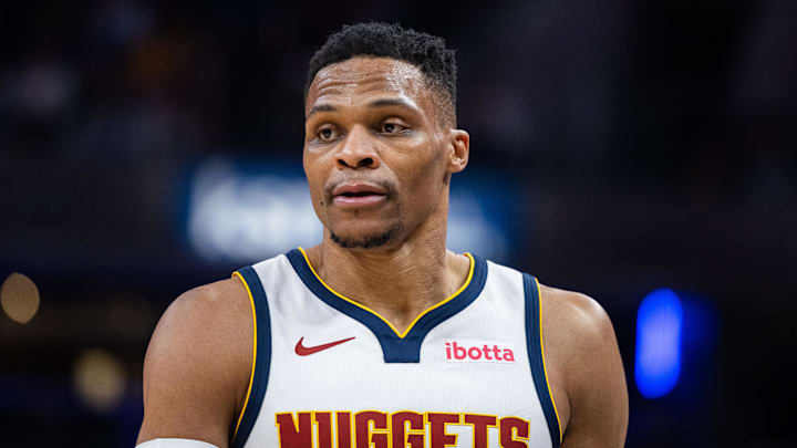 Feb 24, 2025; Indianapolis, Indiana, USA; Denver Nuggets guard Russell Westbrook (4) in the second half against the Indiana Pacers at Gainbridge Fieldhouse. Mandatory Credit: Trevor Ruszkowski-Imagn Images Feb 24, 2025; Indianapolis, Indiana, USA; Denver Nuggets guard Russell Westbrook (4) in the second half against the Indiana Pacers at Gainbridge Fieldhouse. Mandatory Credit: Trevor Ruszkowski-Imagn Images