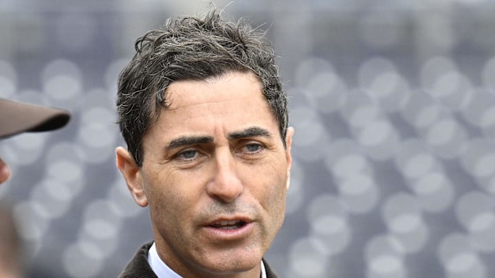 Mar 27, 2025; San Diego, California, USA; San Diego Padres general manager A.J. Preller looks on before an Opening Day baseball game between the San Diego Padres and the Atlanta Braves at Petco Park. Mandatory Credit: Denis Poroy-Imagn Images
