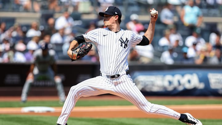 Aug 10, 2025; Bronx, New York, USA;  New York Yankees starting pitcher Max Fried (54) pitches in the first inning against the Houston Astros at Yankee Stadium. Mandatory Credit: Wendell Cruz-Imagn Images