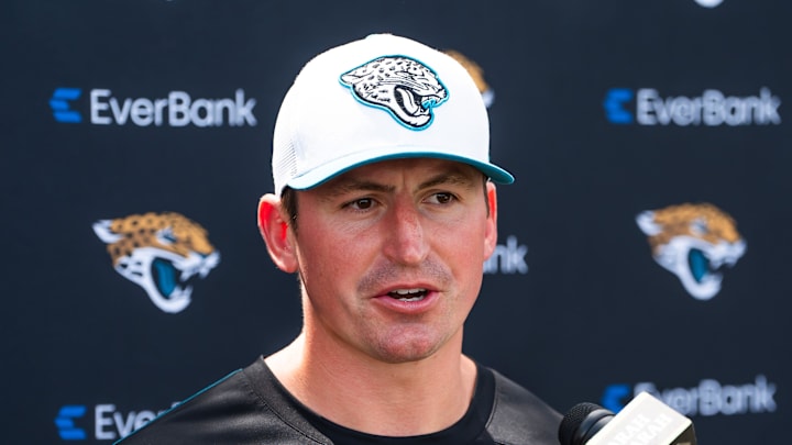 Jacksonville Jaguars offensive coordinator Grant Udinski answers questions during a press conference after the Jacksonville Jaguars’ mandatory minicamp Tuesday June 10, 2025 at the Miller Electric Center in Jacksonville, Fla. [Doug Engle/Florida Times-Union]
