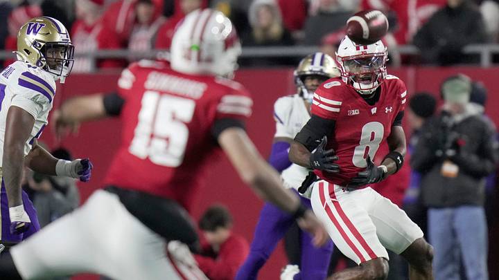 Wisconsin quarterback Hunter Simmons (15) throws a pass to wide receiver Vinny Anthony II (8) during the second quarter of their game Saturday, November 8, 2025 at Camp Randall Stadium in Madison, Wisconsin.

Mark Hoffman/Milwaukee Journal Sentinel