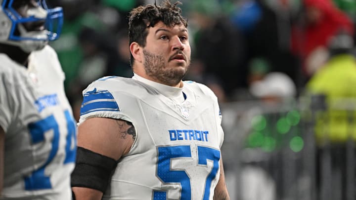 Detroit Lions center Trystan Colon (57) runs off the field at halftime against the Philadelphia Eagles at Lincoln Financial Field.