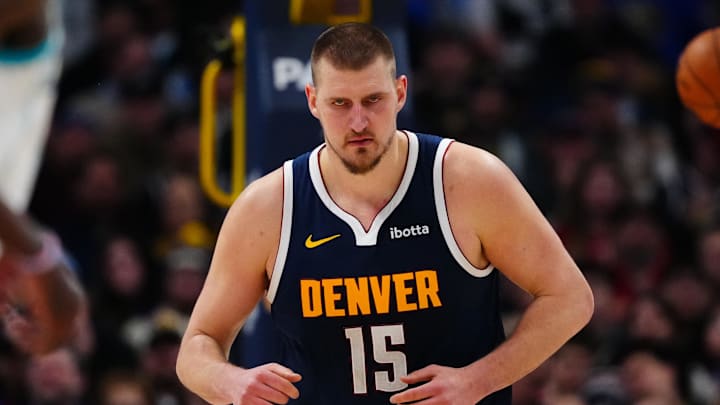 Feb 20, 2025; Denver, Colorado, USA; Denver Nuggets center Nikola Jokic (15) during the second half against the Charlotte Hornets at Ball Arena. Mandatory Credit: Ron Chenoy-Imagn Images