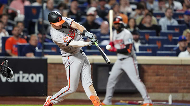 Aug 19, 2024; New York City, New York, USA; Baltimore Orioles first baseman Ryan Mountcastle (6) hits a double against the New York Mets during the seventh inning at Citi Field. Mandatory Credit: Gregory Fisher-Imagn Images