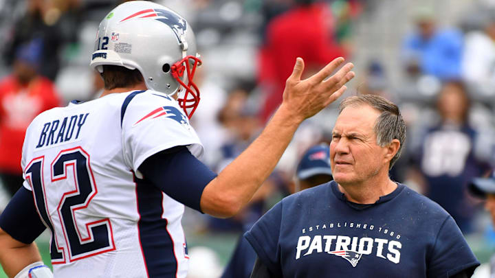 Oct 15, 2017; East Rutherford, NJ, USA; 
New England Patriots head coach Bill Belichick and  quarterback Tom Brady (12) before the game against The New York Jets at MetLife Stadium. Mandatory Credit: Robert Deutsch-Imagn Images