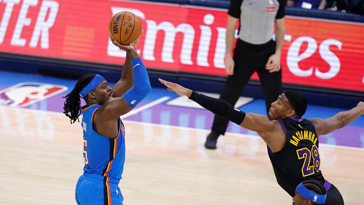 Apr 2, 2026; Oklahoma City, Oklahoma, USA; Oklahoma City Thunder guard Luguentz Dort (5) shoots as Los Angeles Lakers forward Rui Hachimura (28) defends during the second quarter at Paycom Center. Mandatory Credit: Alonzo Adams-Imagn Images Apr 2, 2026; Oklahoma City, Oklahoma, USA; Oklahoma City Thunder guard Luguentz Dort (5) shoots as Los Angeles Lakers forward Rui Hachimura (28) defends during the second quarter at Paycom Center. Mandatory Credit: Alonzo Adams-Imagn Images