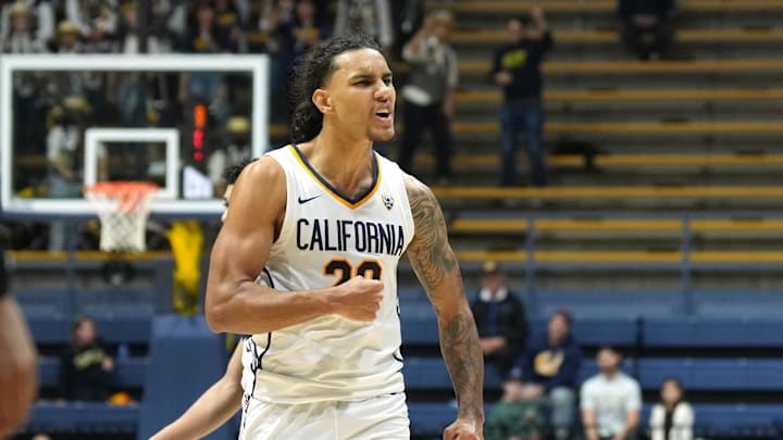 Jan 10, 2024; Berkeley, California, USA; California Golden Bears guard Jaylon Tyson (20) gestures towards the bench during the second half against the Colorado Buffaloes at Haas Pavilion. Mandatory Credit: Darren Yamashita-USA TODAY Sports
