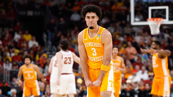 Mar 27, 2026; Chicago, IL, USA; Tennessee Volunteers guard Bishop Boswell (3) reacts in this second half against the Iowa State Cyclones during a Sweet Sixteen game of the Midwest Regional of the men's 2026 NCAA Tournament at United Center. Mandatory Credit: Kamil Krzaczynski-Imagn Images