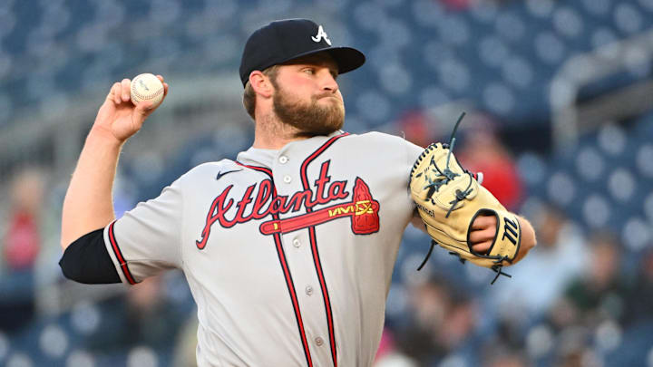 Apr 20, 2026; Washington, District of Columbia, USA; Atlanta Braves pitcher Bryce Elder (55) throws to the Washington Nationals  during the second inning at Nationals Park. Mandatory Credit: Brad Mills-Imagn Images