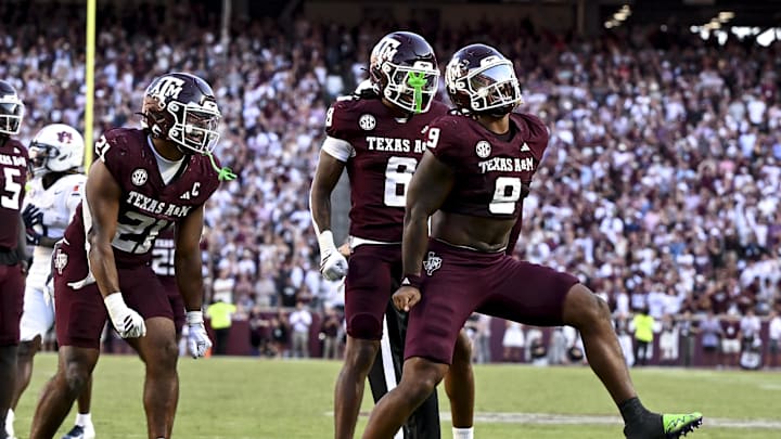 Sep 27, 2025; College Station, Texas, USA; Texas A&M Aggies defensive end Cashius Howell (9) reacts after sacking Auburn Tigers quarterback Jackson Arnold (not pictured) during the fourth quarter at Kyle Field. Mandatory Credit: Maria Lysaker-Imagn Images 