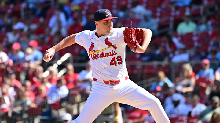 Sep 7, 2025; St. Louis, Missouri, USA; St. Louis Cardinals pitcher Matt Svanson (49) pitches against the San Francisco Giants at Busch Stadium. Mandatory Credit: Tim Vizer-Imagn Images Sep 7, 2025; St. Louis, Missouri, USA; St. Louis Cardinals pitcher Matt Svanson (49) pitches against the San Francisco Giants at Busch Stadium. Mandatory Credit: Tim Vizer-Imagn Images