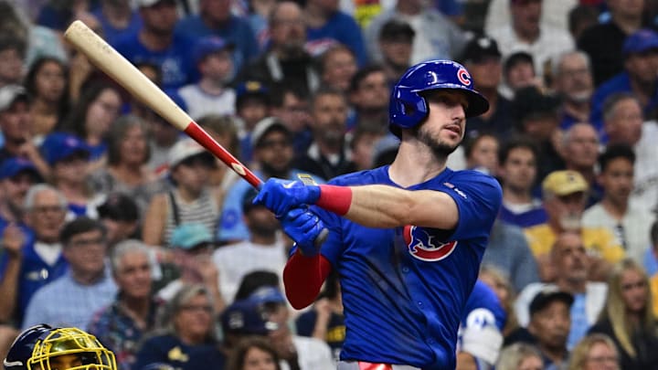 Jul 30, 2025; Milwaukee, Wisconsin, USA; Chicago Cubs right fielder Kyle Tucker (30) hits a double to drive in two runs in the sixth inning against the Milwaukee Brewers at American Family Field. Mandatory Credit: Benny Sieu-Imagn Images Jul 30, 2025; Milwaukee, Wisconsin, USA; Chicago Cubs right fielder Kyle Tucker (30) hits a double to drive in two runs in the sixth inning against the Milwaukee Brewers at American Family Field. Mandatory Credit: Benny Sieu-Imagn Images