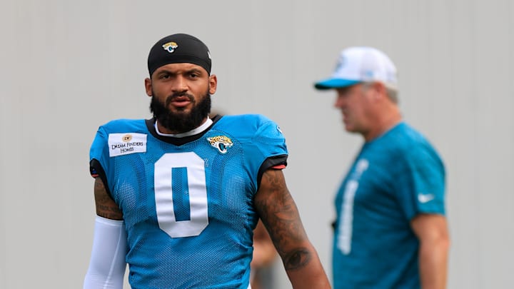 Jacksonville Jaguars wide receiver Gabe Davis (0) walks on the field during a combined NFL football training camp session between the Tampa Bay Buccaneers and Jacksonville Jaguars Wednesday, Aug. 14, 2024 at EverBank Stadium’s Miller Electric Center in Jacksonville, Fla. [Corey Perrine/Florida Times-Union]