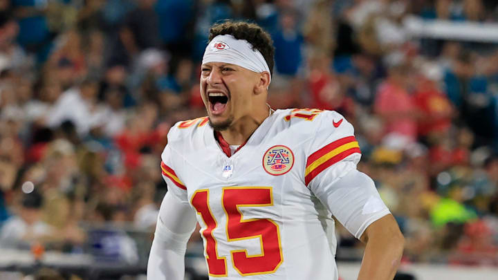 Kansas City Chiefs quarterback Patrick Mahomes (15) gets the crowd hyped before an NFL football matchup at EverBank Stadium, Monday, Oct. 6, 2025, in Jacksonville, Fla. The Jacksonville Jaguars edged the Kansas City Chiefs 31-28. [Corey Perrine/Florida Times-Union]
