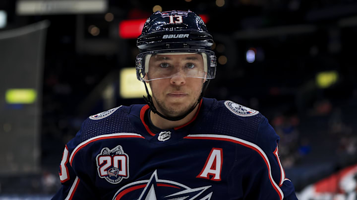 May 8, 2021; Columbus, Ohio, USA; Columbus Blue Jackets right wing Cam Atkinson (13) skates during a stop in play against the Detroit Red Wings in the 1st period at Nationwide Arena. Mandatory Credit: Aaron Doster-Imagn Images