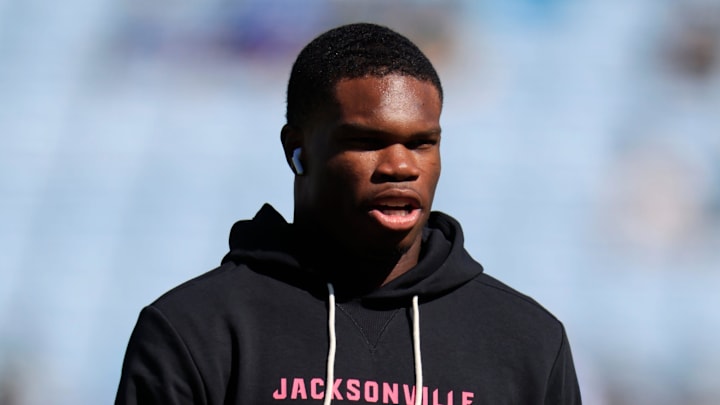 Jacksonville Jaguars wide receiver Travis Hunter (12) walks on the field before an NFL football matchup, Sunday, Oct. 12, 2025, at EverBank Stadium in Jacksonville, Fla. The Seahawks defeated the Jaguars 20-12.