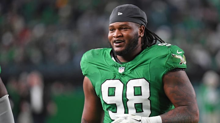 Nov 3, 2024; Philadelphia, Pennsylvania, USA; Philadelphia Eagles defensive tackle Jalen Carter (98) against the Jacksonville Jaguars at Lincoln Financial Field. 