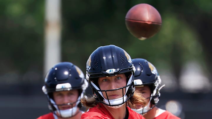 Jacksonville Jaguars quarterback Trevor Lawrence (16) throws the ball during the first organized team activity at Miller Electric Center Monday, May 19, 2025 in Jacksonville, Fla.